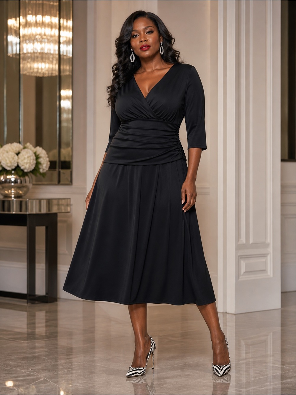 Nine West Black V-Neck Ruched Midi Dress
